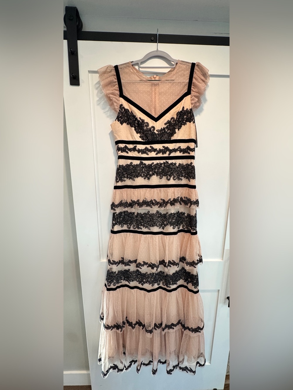 BCBGMaxAzria Blush Pink Maxi Dress with Black Lace Trim
